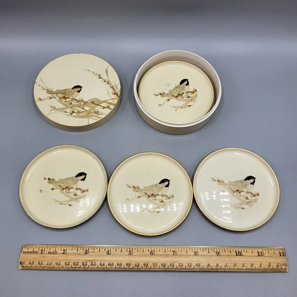 Otagiri Japanese Lacquerware Coaster Set Bird Willow Tree Motif Cream Gold Table